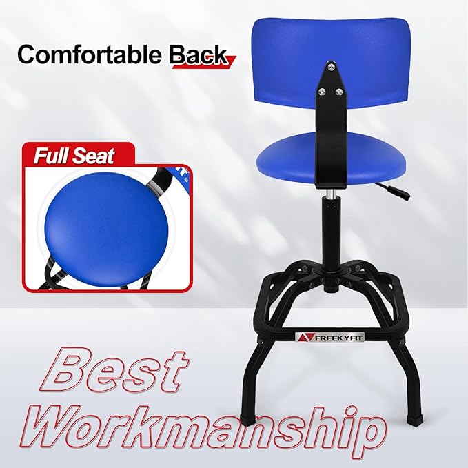 Shop Stool with Backrest, Mechanic Garage Stool for Workshop, Adjustable Shop Stools Chair, Padded Workbench Stools for Men Women, 300 LBS Capacity, 360° Swivel PVC Seat, Heavy Duty, Blue