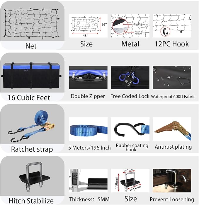 FORWODE 60x20x6 Hitch Carrier for 2 Inch Receiver, 500LB Capacity Hitch Mount Rack with Folding Cargo Basket, Rust-Resistant Coat, Includes Cargo Bag, Cargo Net, Hitch Stabilizer,Ratchet Straps