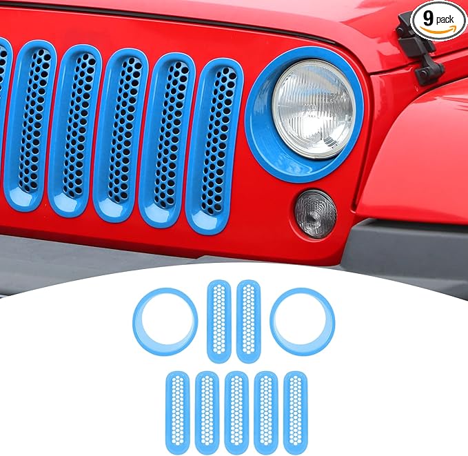 for Jeep JK Front Grille Inserts & Headlight Cover Trim Ring for Jeep Wrangler JK JKU 2007-2017 Light Blue Exterior Accessories 9pcs