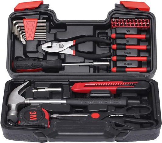 39-Piece Household Tools Kit - Small Basic Home Tool Set with Plastic Toolbox - Great for College Students, Household Use & More