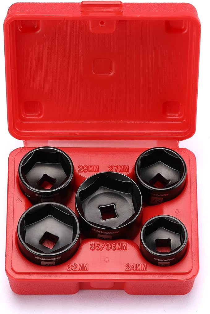 MIXPOWER 5 Pieces 3/8 inch Drive Low Profile Fuel Filter Socket Set, Low Profile Design for Easy Access, Chrome Vanadium Steel for Resist Rust and Corrosion, Low Profile Design for Easy Access