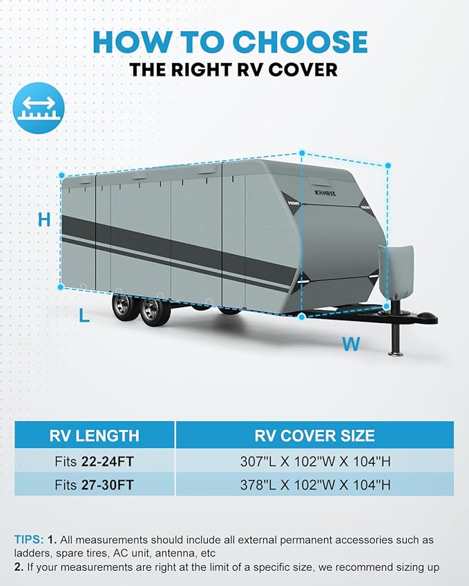 Kohree Travel Trailer Cover 22-24 ft with 8 Enlarged Vents, Sturdy & Waterproof & Anti-UV RV Camper Cover Kit with Front & Back Sign for All Weather Protection B