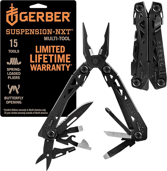 Gerber Gear Suspension-NXT EDC Multitool 15-in-1 Pocket Knife, Needle Nose Pliers and Wire Stripper for Camping and Survival, Black