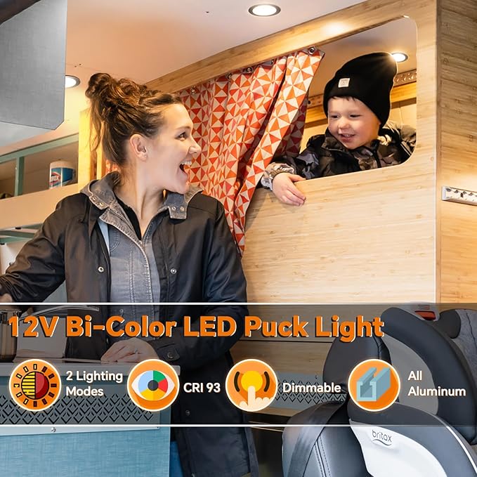 3" LED 12V Push Lights w/Built-in Switch Interior Bi-Color 12 Volt Red LED Puck Light Full Aluminum RV Dimmable Flush Mount Light for Camper, Boat, Trailer 4Pcs (Black, Cool White)