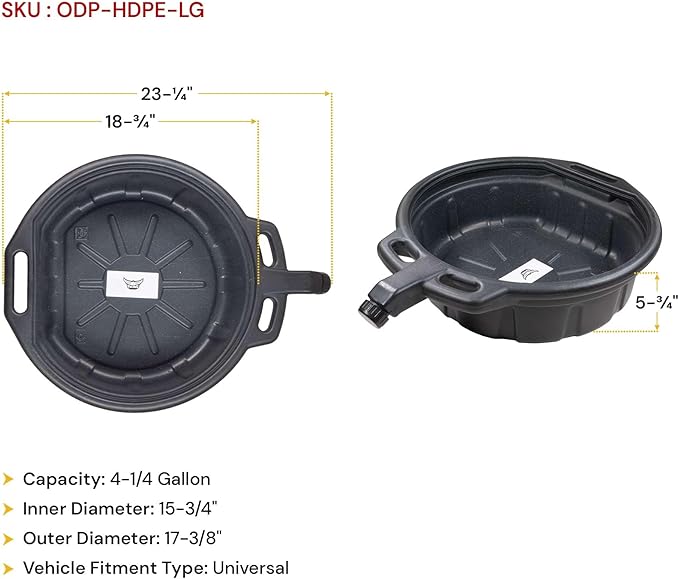 Mytee Products Automotive Oil Drain Pan - Black Plastic Anti Splash, Motor Large Oil Drip Catcher Pan for Changing Oil, Spill-Proof Design - 4.25-Gallon