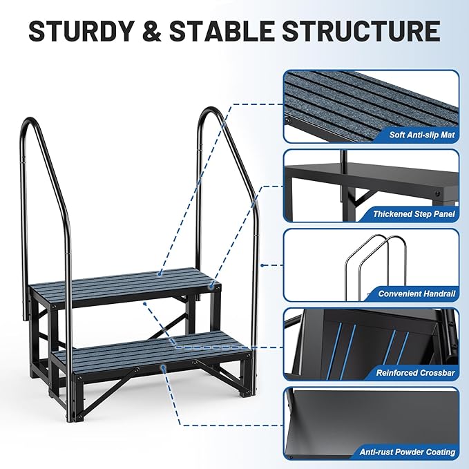 RV Steps Spa Steps with Handrail - 2 Step Hot Tub Steps Trailer Steps Mobile Home Stairs for 5th Wheel RV, Trailer, Hot Tub, Pool, Porch with Non-Slip Mats
