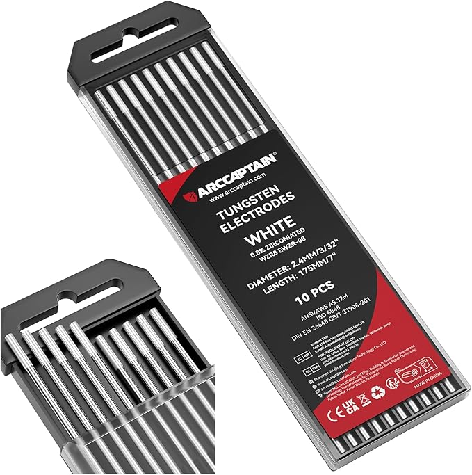 ARCCAPTAIN TIG Welding Tungsten Electrode 10-Pack 3/32"x 7"(White- 0.8% Zirconiated, WZR8/EWZr-0.8)