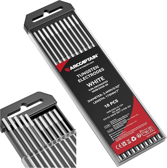 ARCCAPTAIN TIG Welding Tungsten Electrode 10-Pack 3/32"x 7"(White- 0.8% Zirconiated, WZR8/EWZr-0.8)