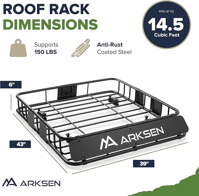 ARKSEN 43 x 39 x 6 Inch Universal 150LB Heavy Duty Roof Rack Cargo with 500D Waterproof Cargo Bag, Cargo Net & Ratchet Straps, Car Top Luggage Holder Basket for SUV, Truck, & Car Steel Construction