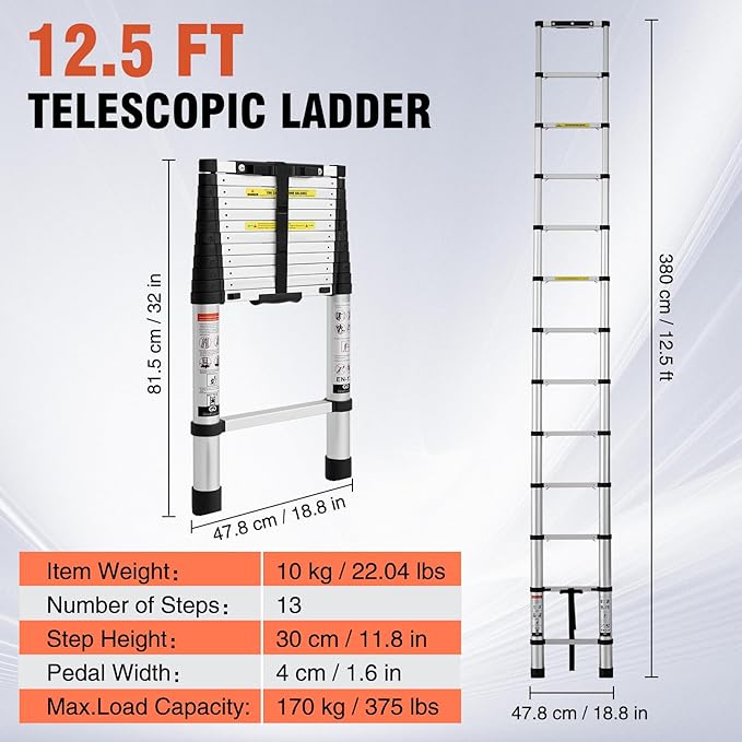12.5 FT Aluminum Telescoping Ladder, One Button Retraction Extension Ladder, 375 lbs Load Capacity with Non-Slip Wide Feet, Compact Portable for Indoor Outdoor Use, RV, Attic and Roof Use