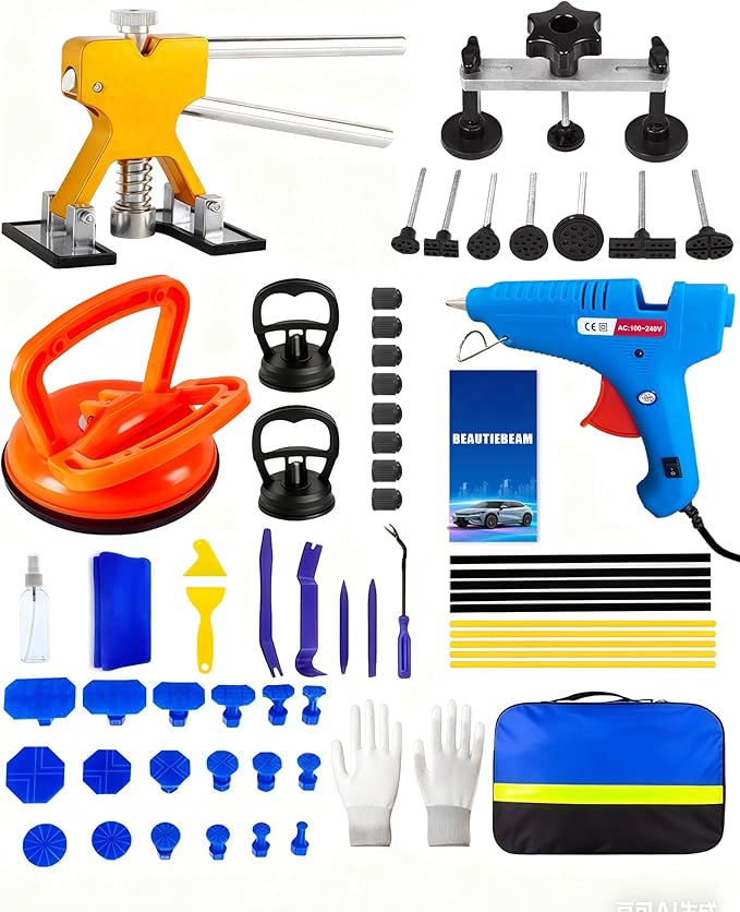 54pcs Dent Puller Kit,Car Dent Puller Kit,Paintless Dent Removal Kit,Dent Remover Tool For Car With Bridge Puller,Golden Lifter,Car Dent Repair Kit for Car Refrigerator Door Large & Small Dent Removal