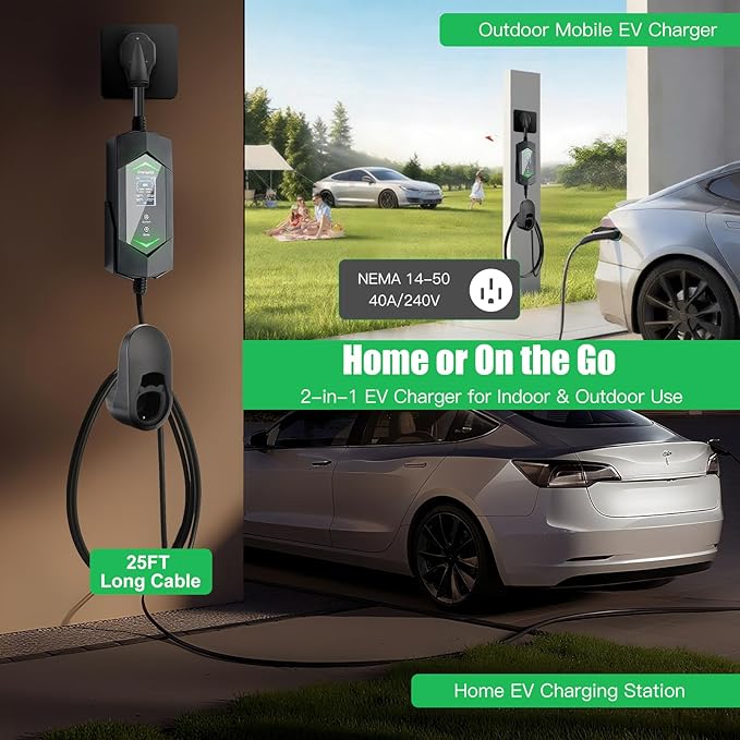 Tesla Portable Charger Level 2-40 Amp Home/Outdoor EV Charger with Smart App, Delay Timer, 25Ft Cable, NEMA 14-50 Plug, FCC/UL/ETL Certified, Compatible with Model 3/Y/X/S/Cybertruck(NACS)