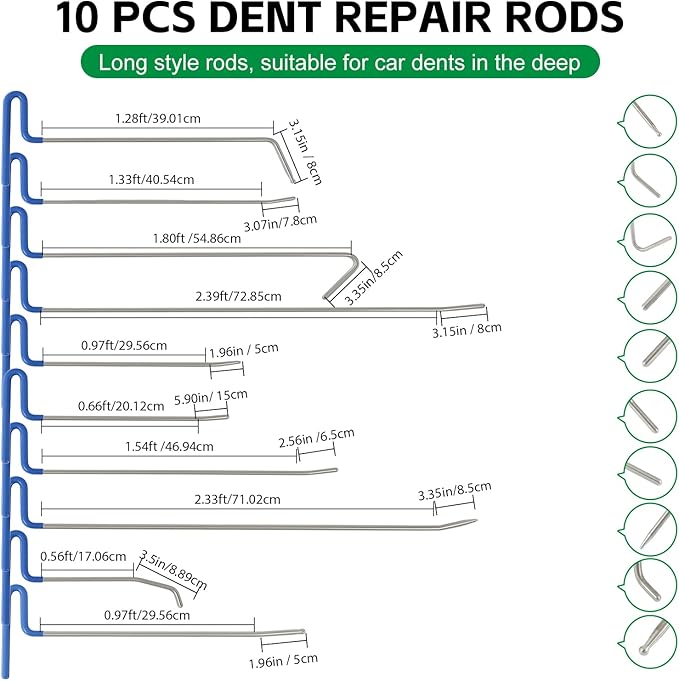 Rods Dent Removal Kit, 20 pcs Car Dent Repair Rods, Paintless Dent Removal Kit, Car Body Dent Repair Tool for Door Dings, Minor Dents and Hail Damage (20 pcs with 10 rods)