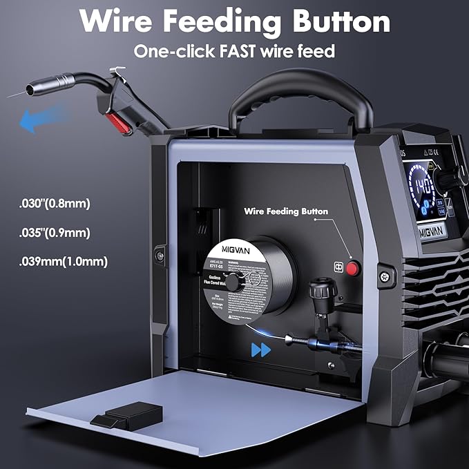 140A Gasless MIG Welder, 110V/220V Dual Votage Welding Machine, Flux Cored MIG/Lift TIG/Stick ARC 3 in 1 MIGVAN Welders Synergic Control with One-Click Wire Feeding, IGBT DC Inverter with LED Display