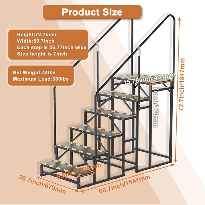 6 Step RV Stairs, Hot Tub Steps, Outdoor Spa Step Ladder with Handrail,Portable Economy 6th Wheel Stair for Travel Trailer, Motor Home, Camper and Porch with Non-Skid Tapes