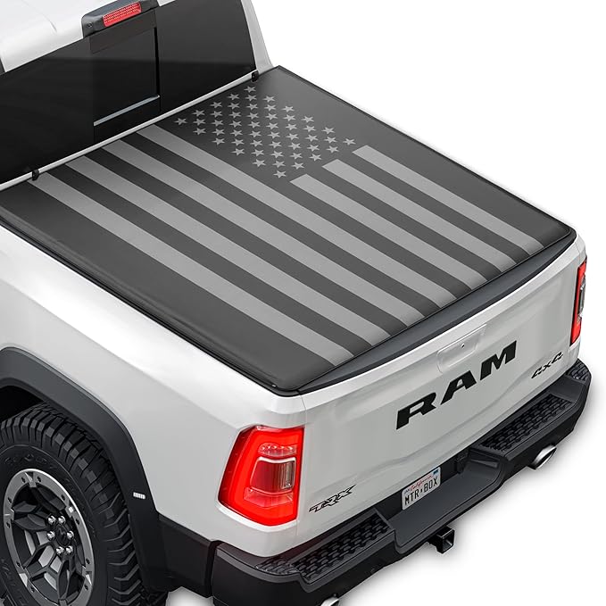 American Flag Truck Tonneau Cover for Ram 1500 2009-2025 (NO RAMBOX)/ Ram 2500 & 3500 with Extra Short 5.7 ft Bed Length, All-Weather Soft Roll Truck Bed Cover for Truck Black/Gray Flag