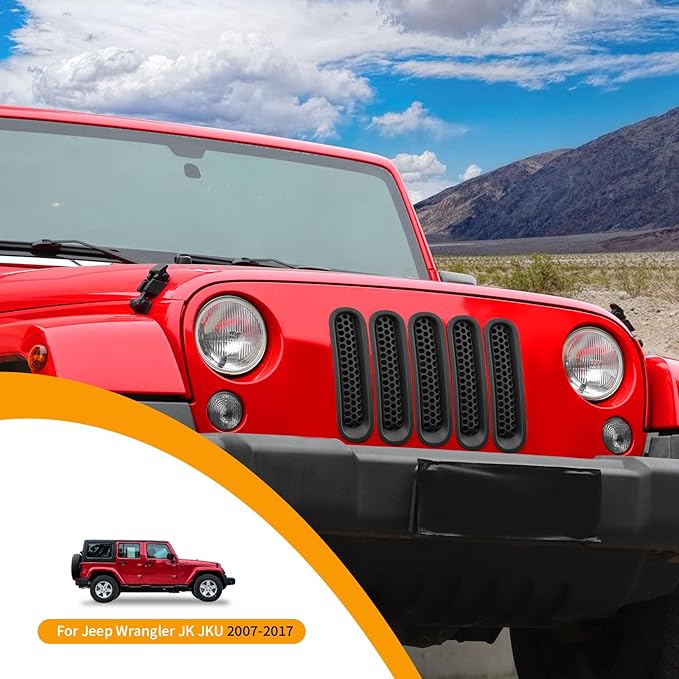 Hoolcar Front Grill Mesh Inserts Clip-in Honeycomb Grille Guard Cover Fit for Jeep Wrangler JK JKU 2007-2017, Exterior Accessories, Matte Black
