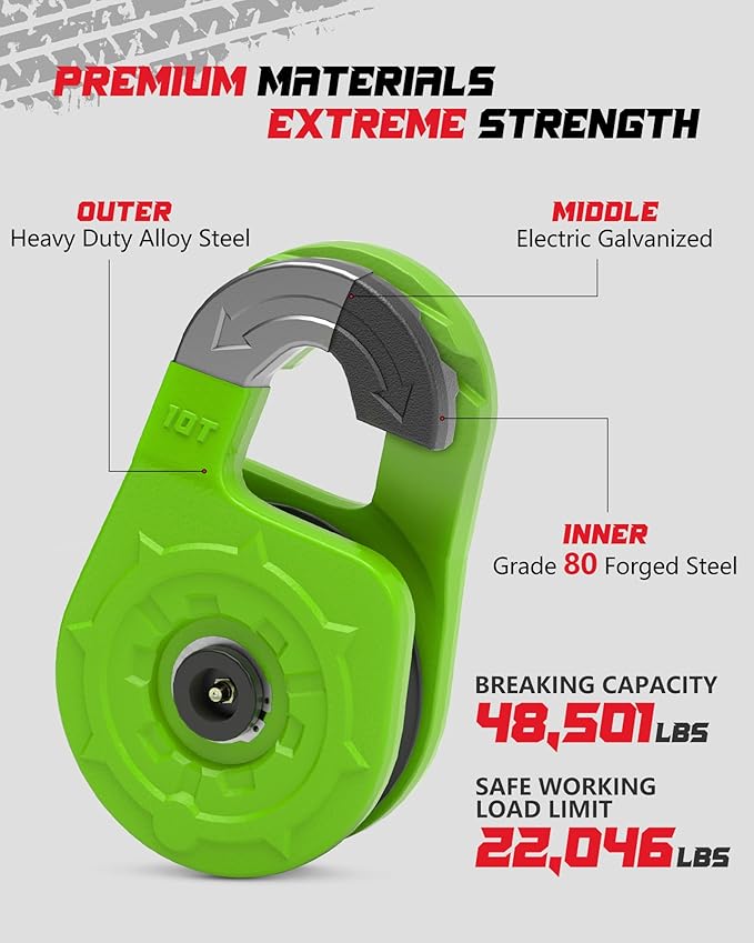 Towing Winch Snatch Block Hook, Separate Pulley Block, Tow Winch Hook, Multiple-Purpose G80 Heavy Duty Forged Winch Hook Snatch Block Pulley, 22Tons (46,051lbs) MBS, for Synthetic Rope, Green