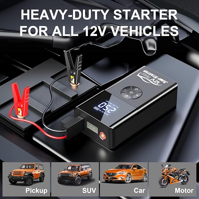 Jump Starter with Air Compressor, 8000A 180PSI, Portable Car Battery Jump Starter (All Gas/12L Diesel) 12V Automobile Jump Box Pack Chargers with Jumper Cables, 4-Mode LED Lights (Black)