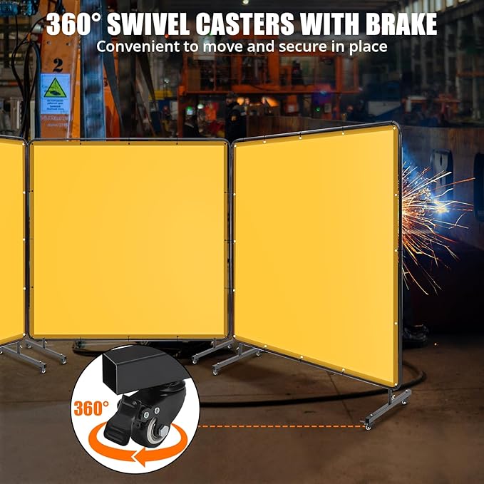 3 Panel 6x6 FT Vinyl Welding Screen with Frame, Flame-Resistant PVC Welding Curtain with Lockable Swivel Wheels, Transparent Welding Screen Panel for Welding Safety, Yellow