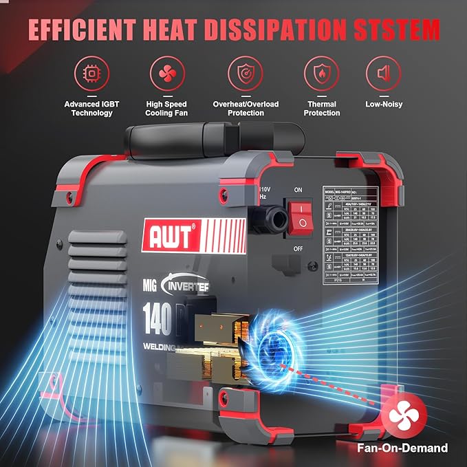 AWT LED Digital Display 140Amp MIG Welder Flux Core MIG Welder/Stick/Lift TIG 3 in 1 Welding Machine,Welder Machine 110V With Synergy IGBT Inverter, Portable Gasless Welder Equipment