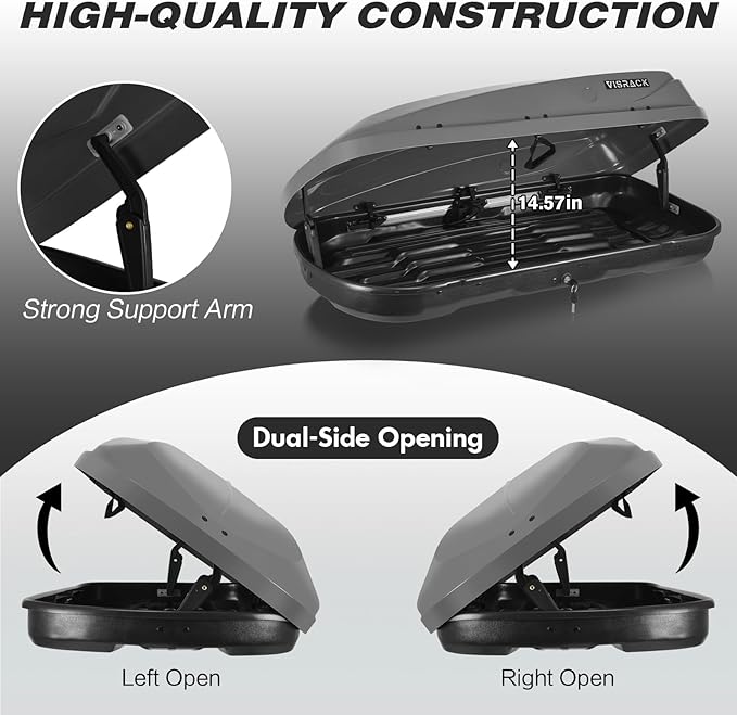 Gray Rooftop Cargo Box Carrier Large 13 Cubic Feet Car Top Mount Travel Luggage Storage, Dual Side Opening, Roof Cargo Boxes Waterproof Rooftop Storage Box Extra Keys, Straps