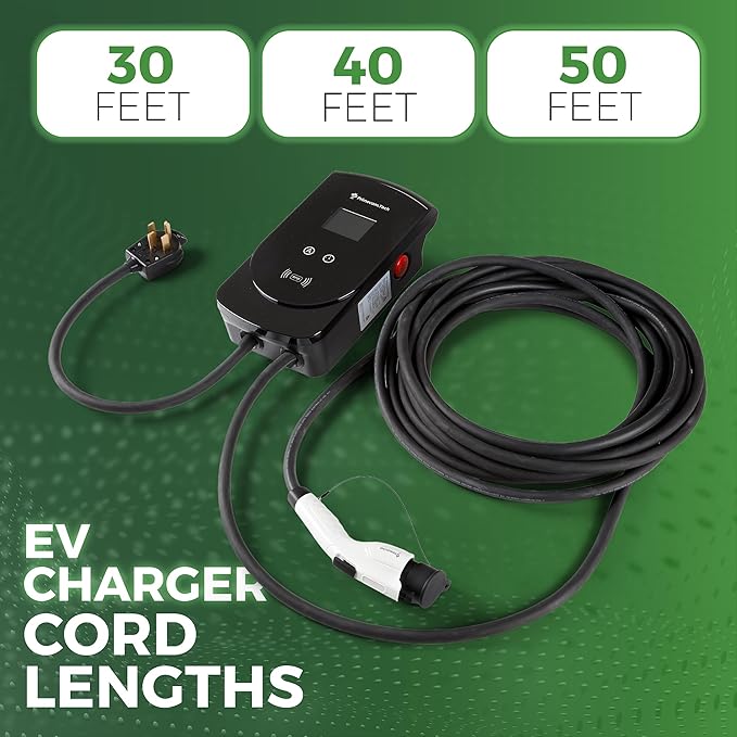 50 Amp - PRIMECOM.TECH Level-2 Smart Electric Vehicle Home Charging Station 220 Volt for Tesla and All EV Brands 30' Feet Length (25 Feet, NEMA 10-50p)