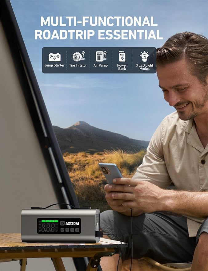 AstroAI Portable Jump Starter with Air Compressor 150PSI, 2500A Car Battery Jump Starter Pack Up to 7.5L Gas & 5.0L Diesel Engine, UL Certified, 12V Jump Box Car Battery with LCD Display, Lights