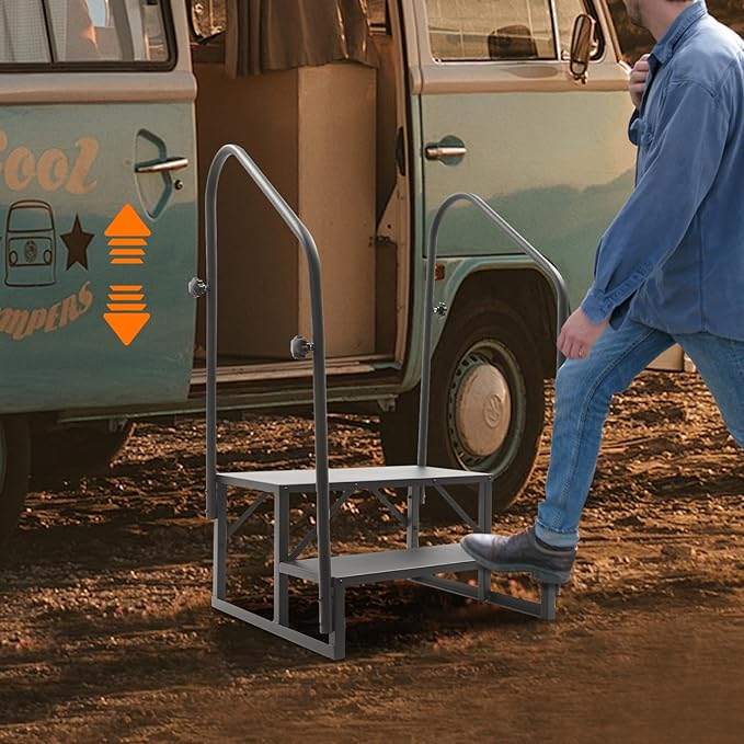 RV Steps with Handrail, 2 Step RV Stairs with Handrail, Update RV Ladders Mobile Home Stairs for Travel Trailers, Heavy Duty Camper Steps for Camper, Porch, Spa