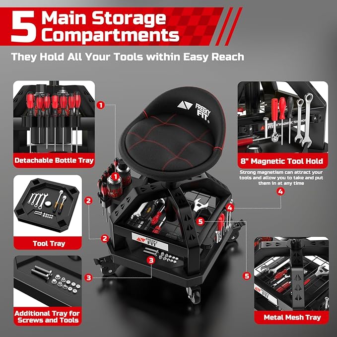 Rolling Shop Stool for Garage with Casters, DO02-Adjustable Height 360° Swivel Shop Seat with Tool Tray Storage, 330 LBS Capacity Padded Mechanic Stool, Magnetic Tool Hold, Heavy Duty, Black