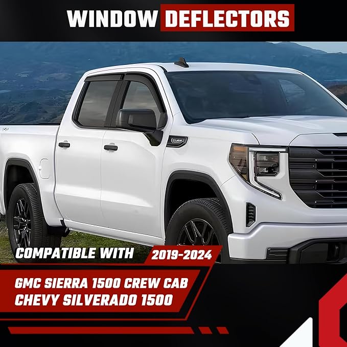 Window Rain Guards Fit for Chevy Silverado/GMC Sierra 1500 Crew Cab 2019-2024, Extra Durable Tape-on Side Window Deflectors, Wind Deflectors Rain Guard Black - 4 PCS