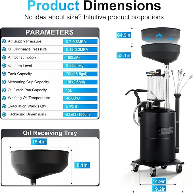 Industrial Fluid Drain Tank, Oil Drain Extractor, Portable Pneumatic Waste Oil Drain with Wheels (Black 5701)