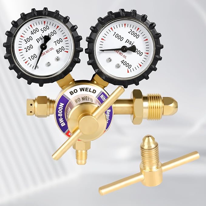 BO WELD Nitrogen Regulator with 0-800 PSI, CGA580 Inlet Connection and 1/4'' Male Flare Outlet Connection Gauges，Nitrogen Tank Regulator with 5Ft Refrigeration Hose