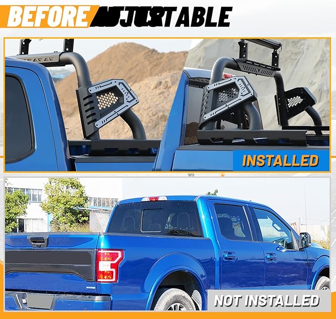 Universal Adjustable Bed Rack Roll Bar for Pickup Trucks - Compatible with Mid-Size& Full-Size Models, Q235A Carbon Steel, Powder-Coated Black Finish, Multiple Mounting Options Available