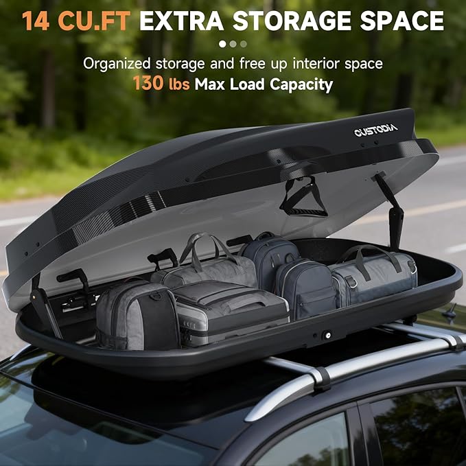 Hard Shell Roof Cargo Carrier with Security Keys, Roof Box, Cargo Box, 62.52 (L) x32.48 (W) x 13.19(H) Inches, 14 Cubic Feet (Tool-Free Install), Carbon Black