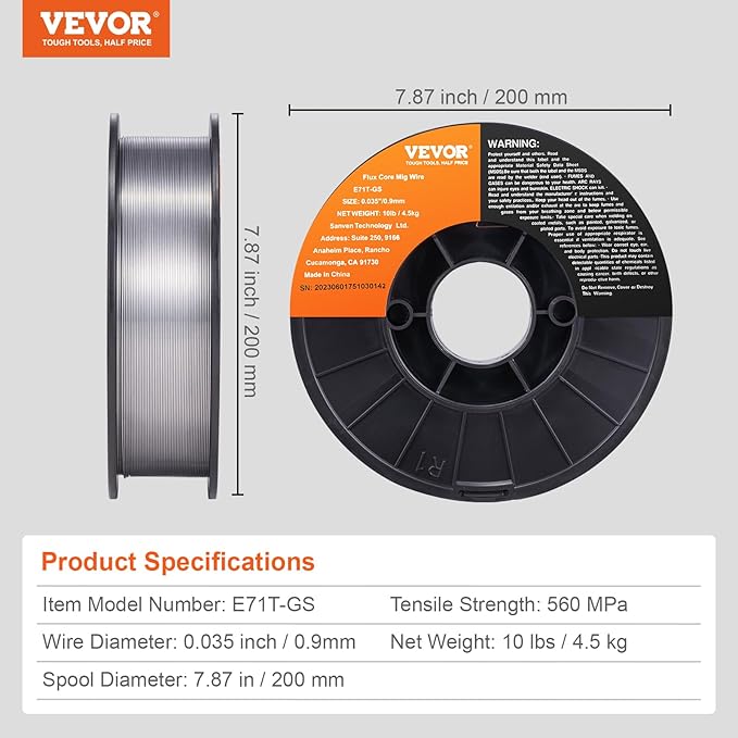 VEVOR Flux Core Welding Wire, E71T-GS 0.035-inch 10LBS, Gasless Mild Steel MIG Welding Wire with Low Splatter for All Position Arc Welding and Outdoor Use