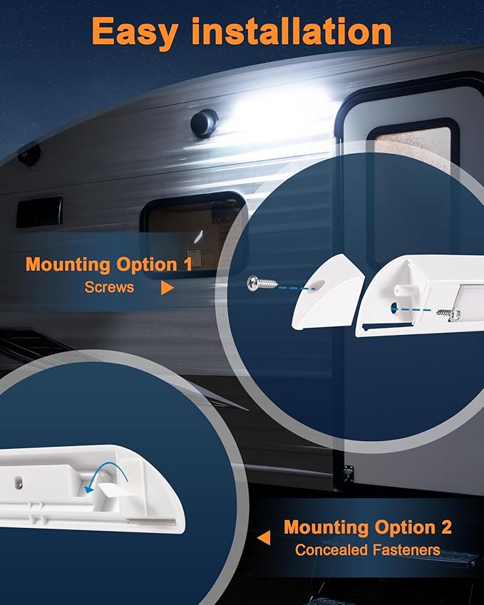 Raycharm 10" RV & Marine Boat LED Awning Porch Utility Light Fixture, 40° Down Angle, Amber/White Beam, 12V/24V DC, Waterproof IP67, Plastic Housing White Finish, 2-Pack