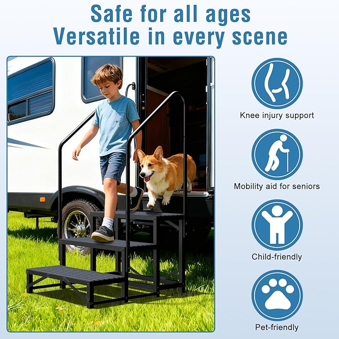 RV Steps with Handrail, 3 Steps RV Stair, Mobile Home Stairs for Camper, Trailer, hot tub, Steps with Non-Slip mat, 660lbs Capacity
