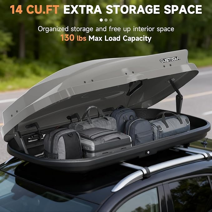 Roof Cargo Box, Dual-Side Opening Design, 14 Cubic Feet Capacity, Waterproof Hard-Shell Storage Box, Includes Straps and Spare Key,Ideal for Travel and Luggage Transport, Gray (G62)