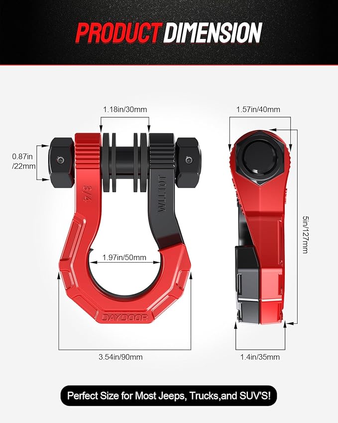 DAYDOOR 3/4" D Ring Shackles, Heavy Duty D Ring Shackles with 7/8 Pin, 45,000 lbs Break Strength Easy Open Towing Shackle for Off-Road Recovery, Winch, Trucks, Jeep, SUV & ATV (2 Pack)(Red)