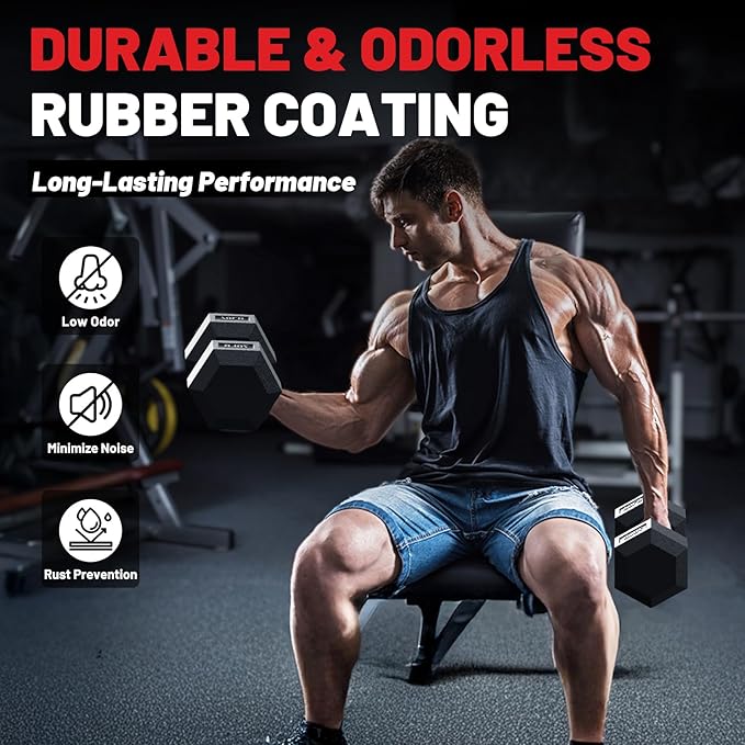 PAPABABE HEX Dumbbell Set 2.5-125lb, Rubber Encased Home Gym Dumbbells, Exercise & Fitness Weights Dumbbells for Women & Men, Hand Weight for Strength Training