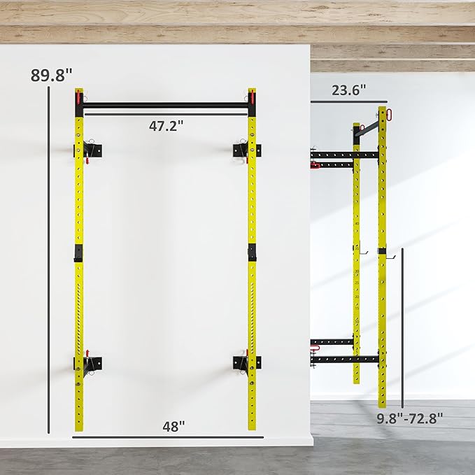 Soozier Folding Squat Rack with Adjustable Pull-Up Bar, 1000 Pounds Capacity Wall Mounted Power Rack, Adjustable Barbell Rack with J Hooks for Home Gym Full Body Workout