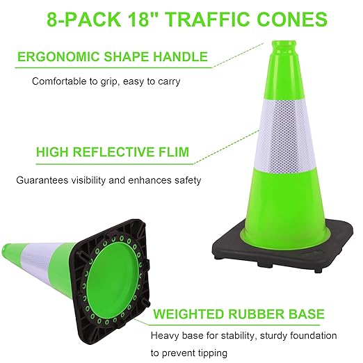 OrangeStar 18" Heavy Duty Traffic Cones 8-Pack Green Safety Cones with Reflective Strip for Construction, Parking Lots, Roadwork, Weatherproof, Stable Base for Traffic Control, Events, Emergency