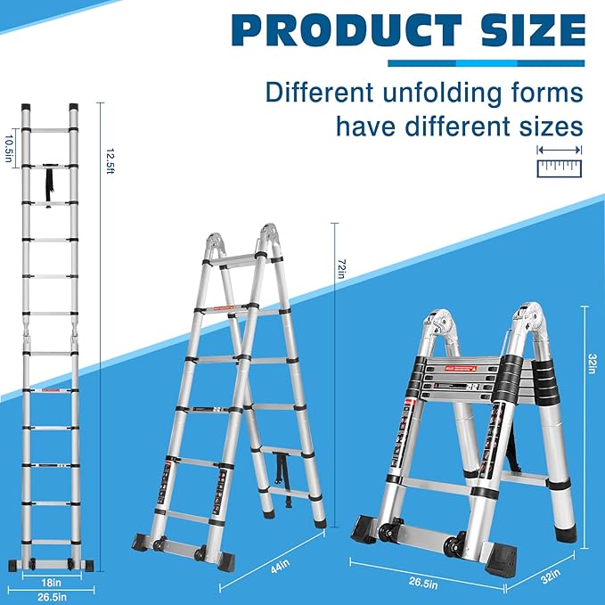 12.5 FT A Frame Telescoping Ladder, Extension Multi-Purpose w/Balance Bar & Wheels, Ladder A Frame, Heavy Duty 330 lbs Max Capacity, Ideal for Home and Outdoor Work, Silver