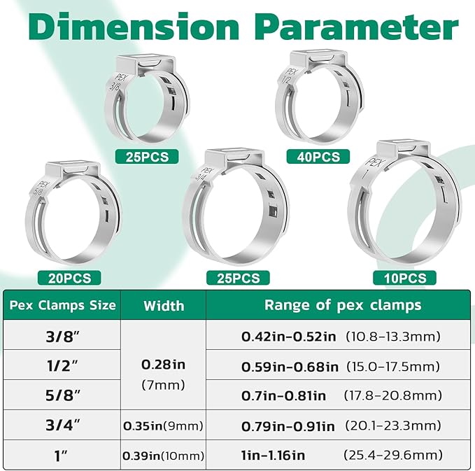 120PCS Pex Crimp Rings Assortment,304 Stainless Steel Pex Clamps 3/8",1/2",3/4",5/8",1" Single Ear Hose Clamps,Pex Cinch Clamps for Pex Fittings Pipe Tubing