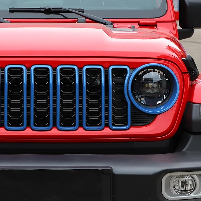 Jimen for 2024 Jeep Wrangler 4xe grill inserts, 9PCS Headlight Cover & Grille Insert Compatible with Jeep Wrangler JL JLU 2024+, NOT FIT JL Sport/Sport S (Light Blue)