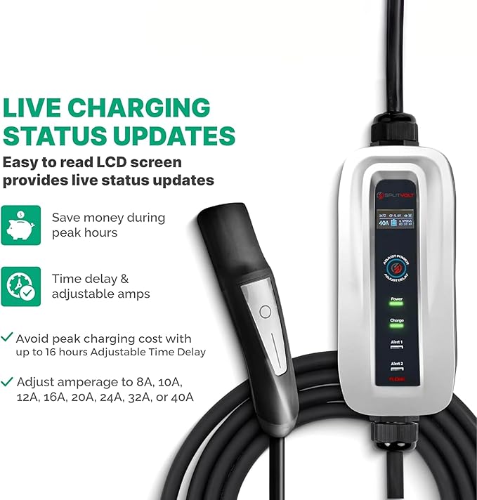 Splitvolt Level 2 Adjustable EV Charger 240v, 26 ft Cable, NEMA 14-50, Adjustable up to 40 Amps Live LCD Screen Time Delay Start Function, NEC Fast 50A Circuit Charging J3400 NACS Plug