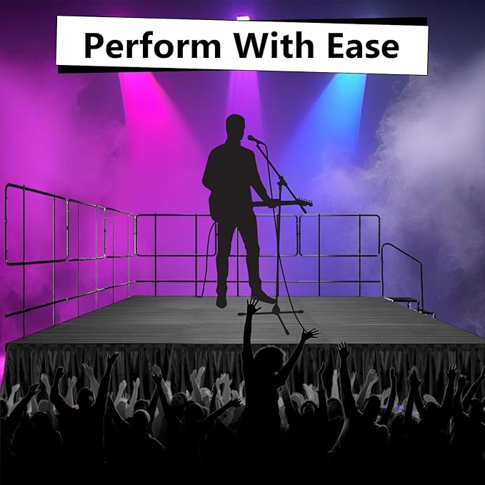12'x12' Portable Stage with 5 Railings & 3 Skirts - Versatile Platform Modular System - DJ, Drum, Camera Stage Riser - Easy to Carry & Transport
