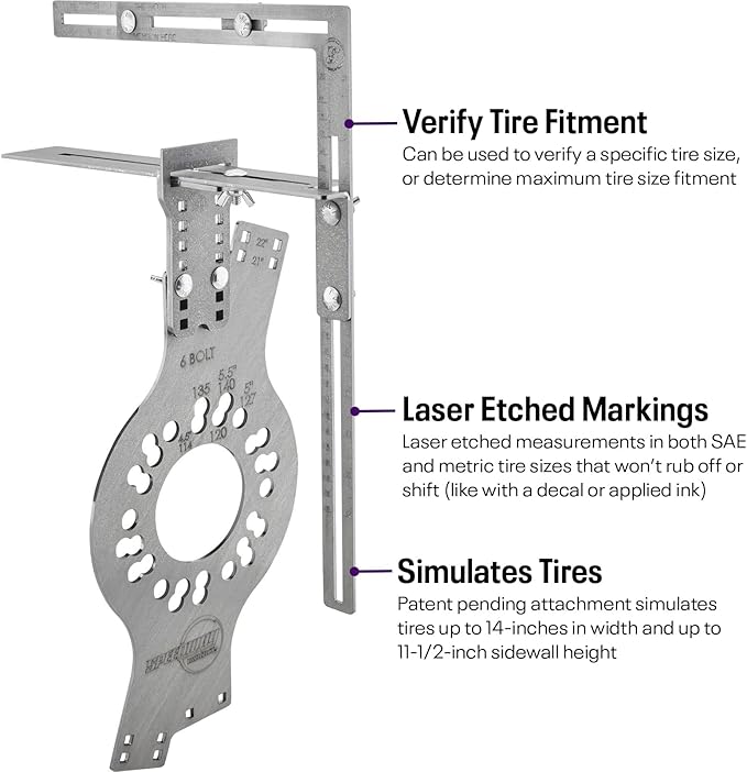 Speedway Motors WheelWise™ 6-Lug Wheel Fitment Tool with Tire Size Attachment, Simulates 14-22 Inch Rim Diameter, 8-14 Inch Tire Width, 2.5-11.5 Inch Sidewall, Laser Cut Steel