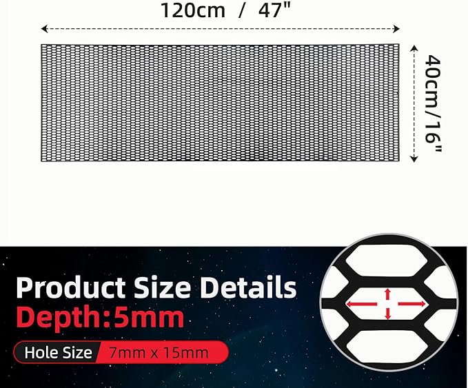 AggAuto 47"x16" ABS Plastic Universal Car Grill Mesh, Automotive Grille Insert Bumper Honeycomb Hole 7x15mm Hex Grids Black